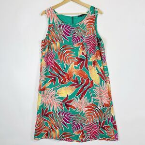 Carre Noir Green Colorful Tropical Leaf Sleeveless Shift Dress‎ Women's Large